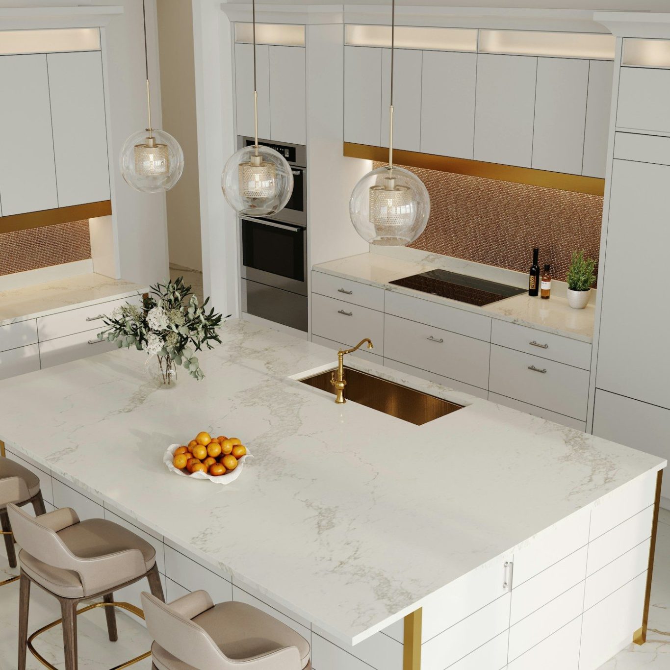 Open kitchen with marble flooring