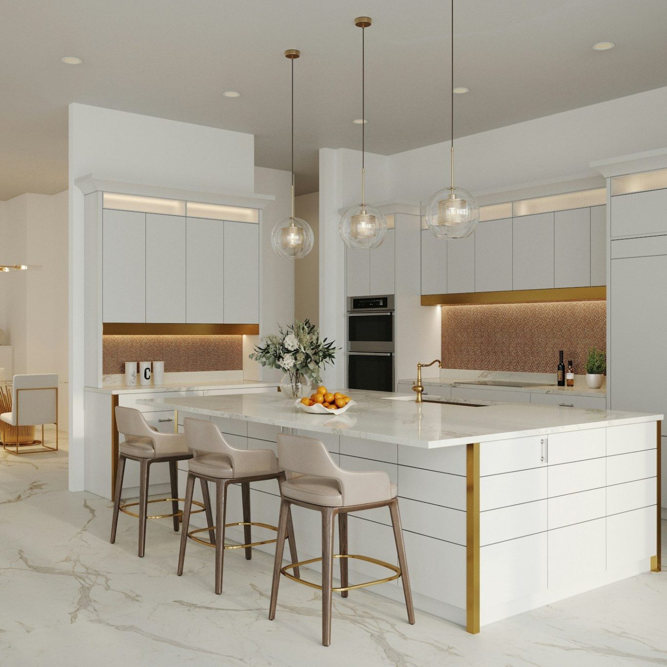 Kitchen island seating and gold accents